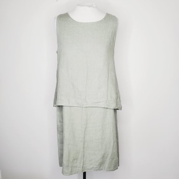 Lungo L'Arno Italy Dress Pure Linen Layered Boho Lagenlook Sage Green L - Picture 3 of 12